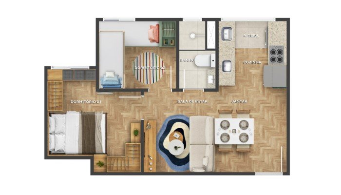 2 quartos sem varanda (33,97 m²)