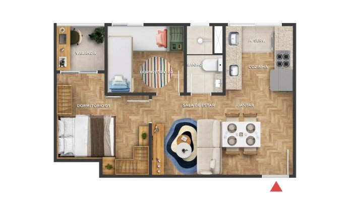 2 quartos com varanda (36,55 m²)