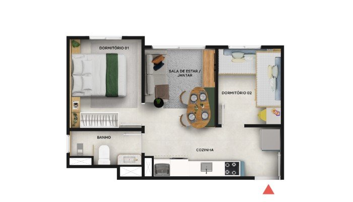 2 quartos sem varanda (32,36 m²)