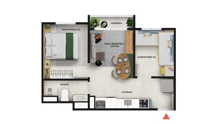 2 quartos com varanda (34,46 m²)